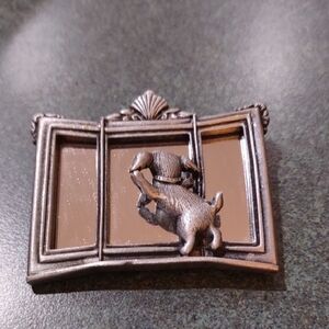 Vintage JJ Jonette Pewter Brooch Puppy Looking at Mirror Signed